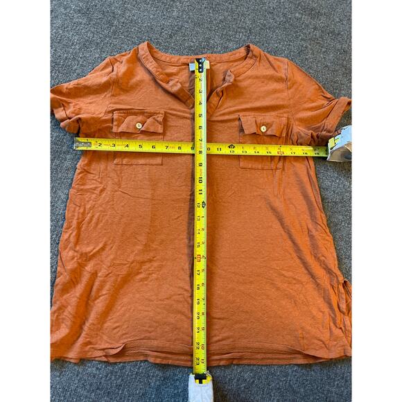 J.Jill Linen Blend Orange Short Sleeve Tunic Top Size M Split Neck Pocket Tee - Picture 5 of 7